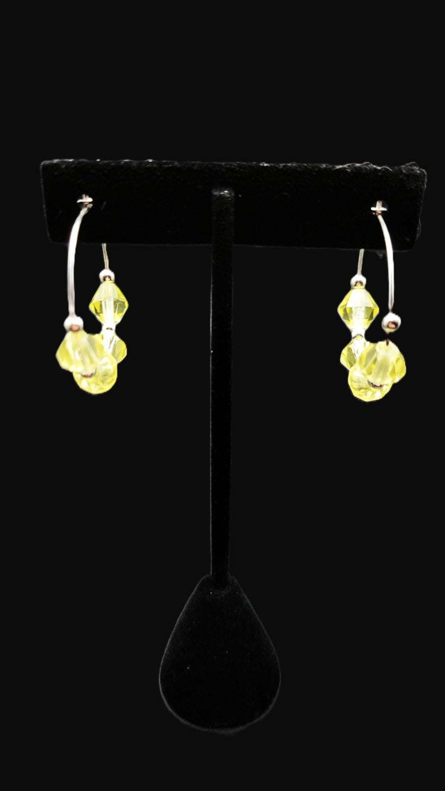 Uranium Yellow Czech Bi cone Glass Bead Silver Tone Wired Pierced Earrings 1.25"