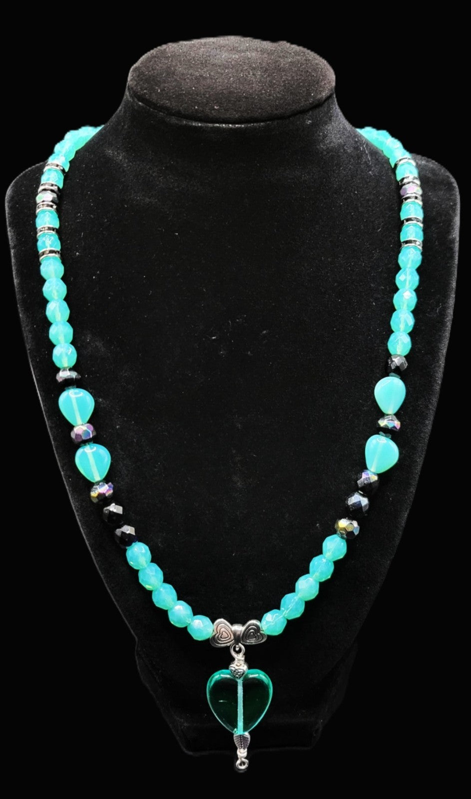 UV Glow Uranium Czech Glass Blue Beads and Black AB Glass 21" Heart Necklace and 2" Pendant