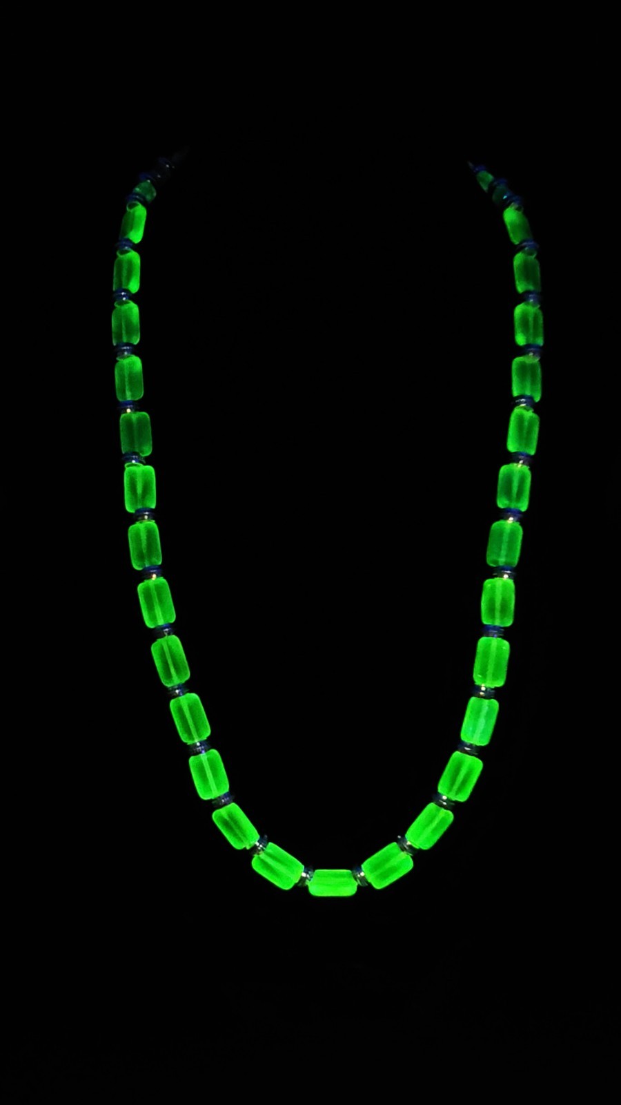 UV Glow Uranium Czech Tile and AB Cubes glass bead  20" Necklace with Silver Tone Spacers