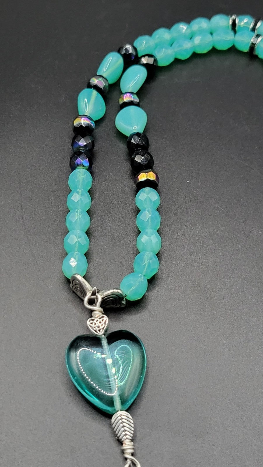 UV Glow Uranium Czech Glass Blue Beads and Black AB Glass 21" Heart Necklace and 2" Pendant