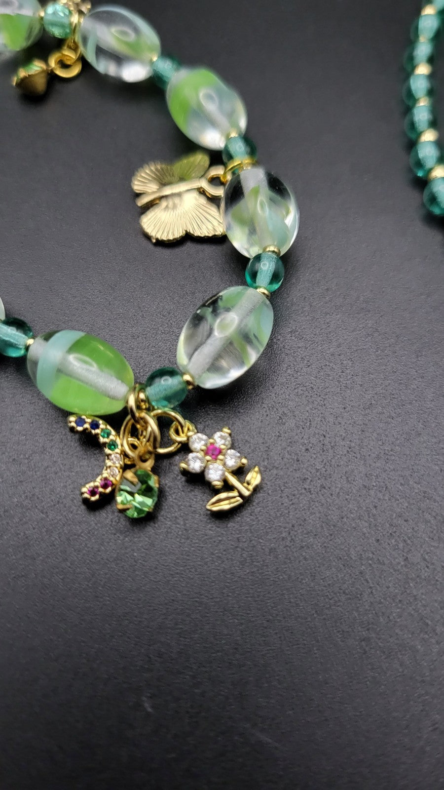 Glow With This! Czech Green and Aqua 2 Stretch Bracelet Set with Charms 7"