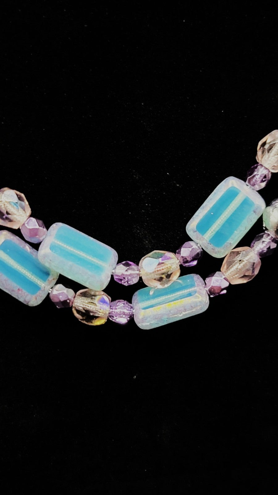 UV Glow Uranium Czech Blue Glass Beads with Amethyst and Pink Glass Spacer 35" Necklace