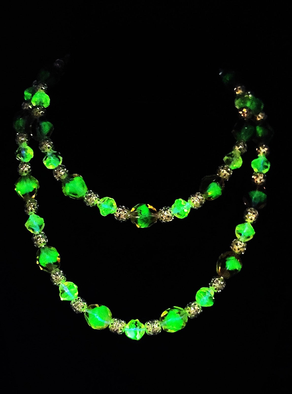 UV Glow! Uranium Czech Glass Peach Bead 28" Necklace with Bling Silver Spacers