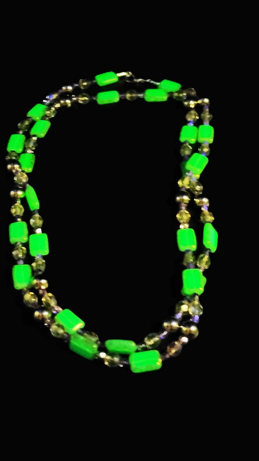 UV Glow Uranium Czech Blue Glass Beads with Amethyst and Pink Glass Spacer 35" Necklace