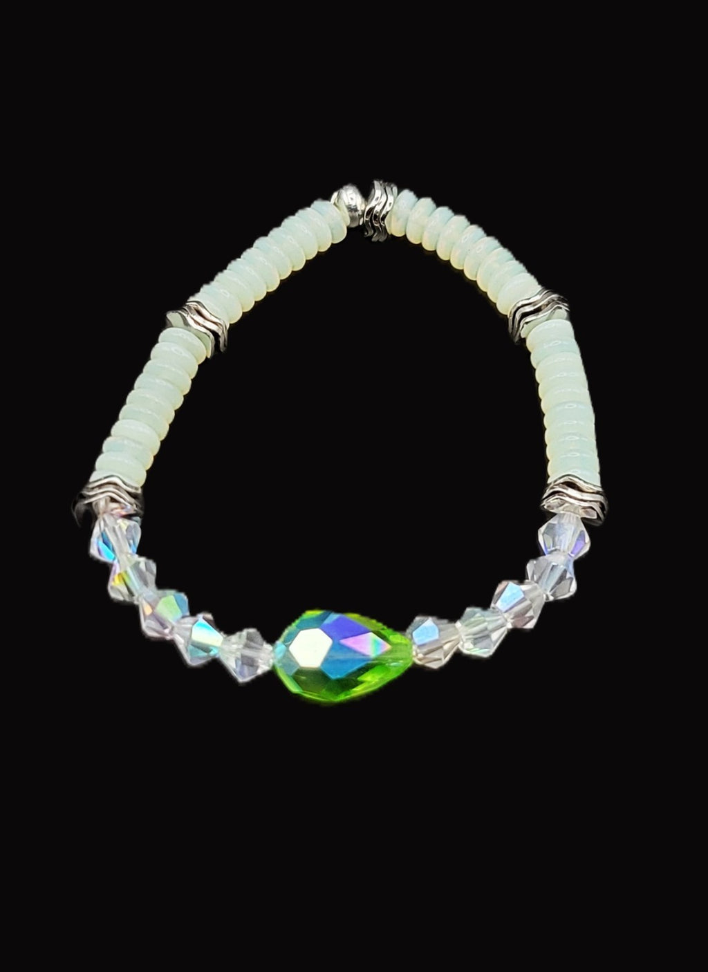 UV Glow Uranium Glass Green Pear and White Disc Czech Beads 7" Stretch Bracelet