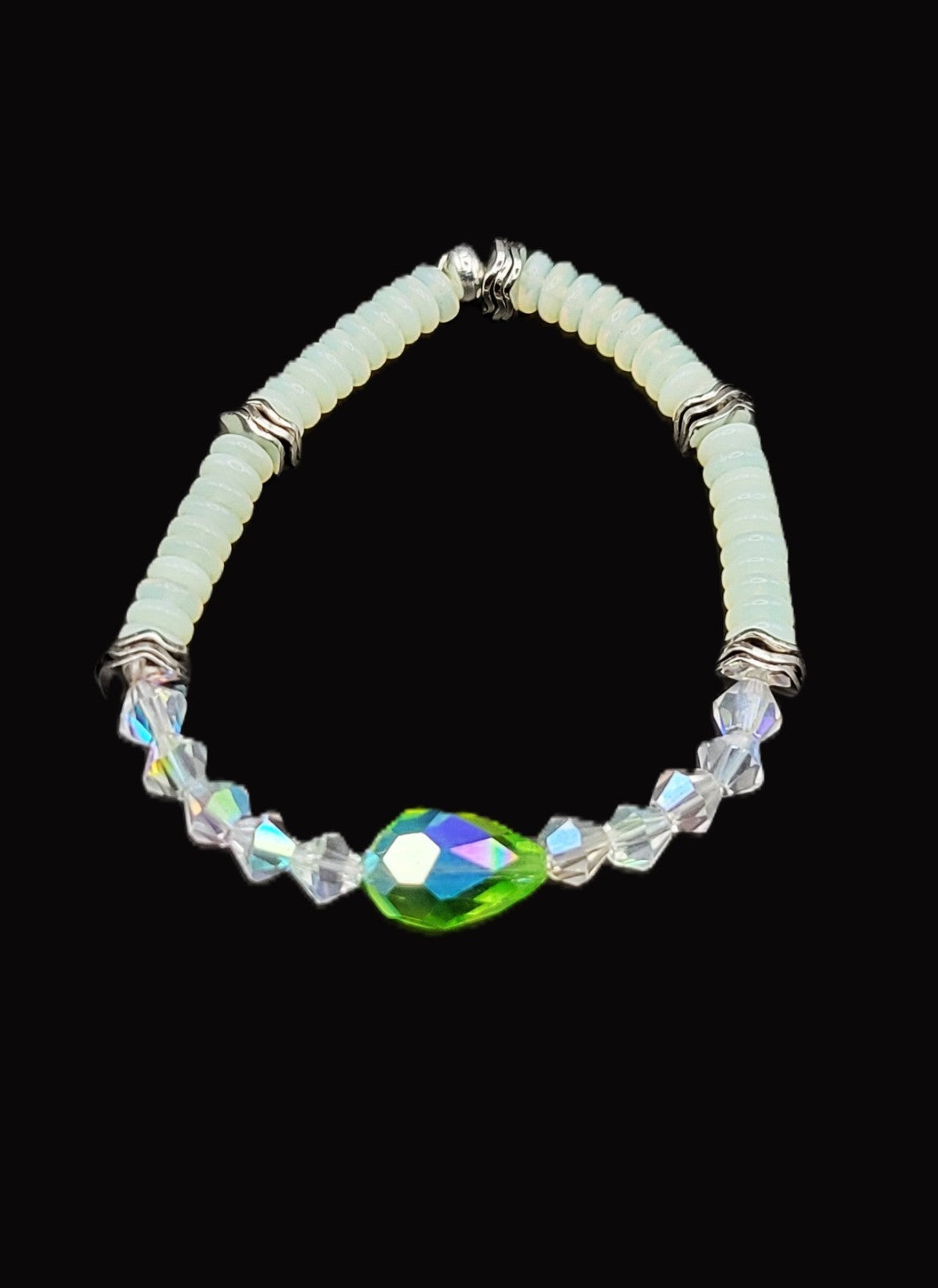 UV Glow Uranium Glass Green Pear and White Disc Czech Beads 7" Stretch Bracelet