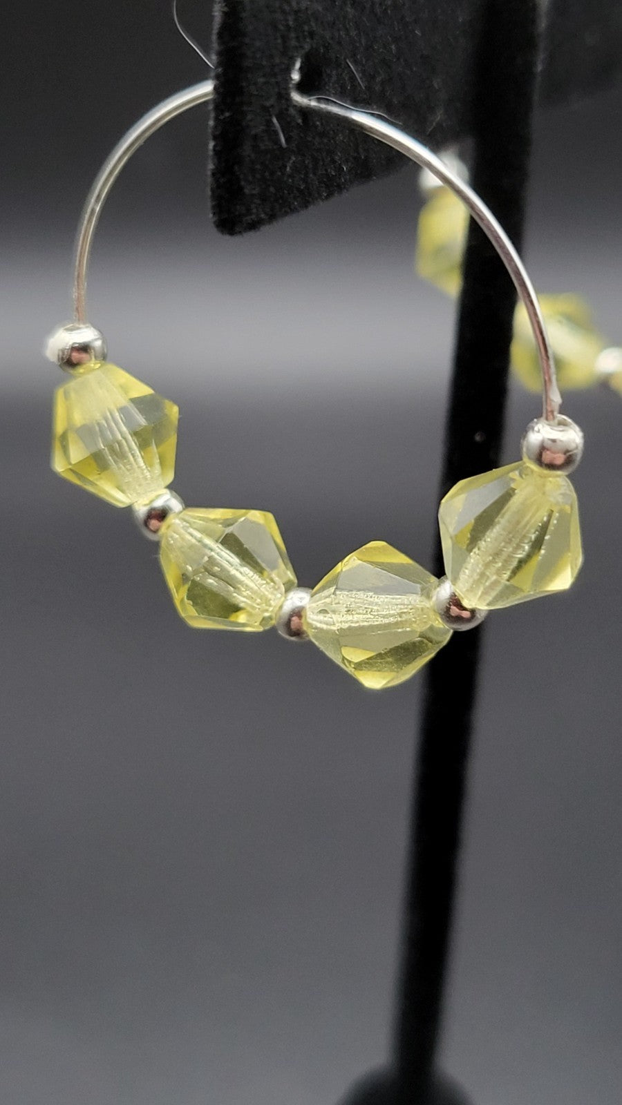 Uranium Yellow Czech Bi cone Glass Bead Silver Tone Wired Pierced Earrings 1.25"