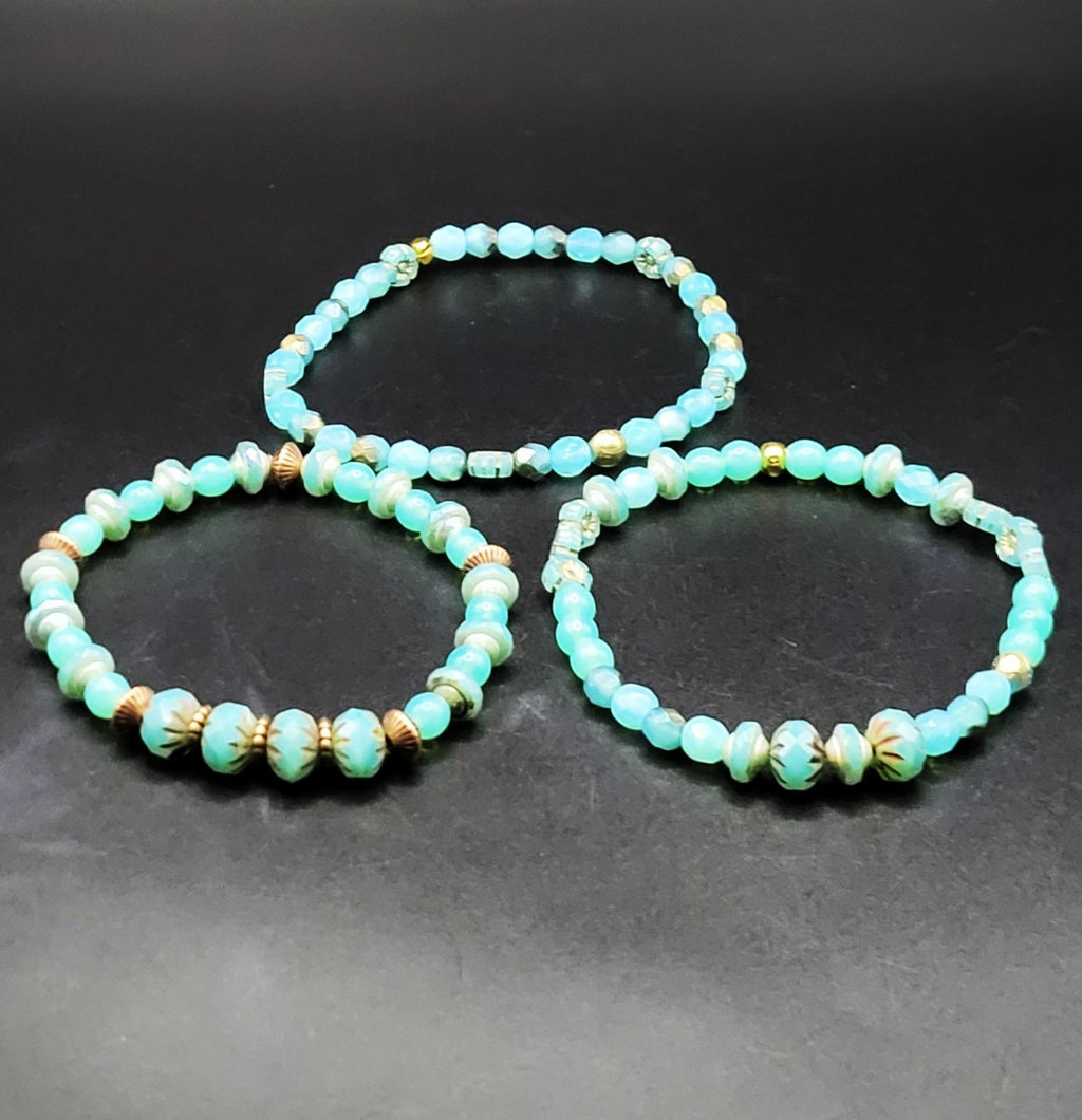 Uranium Blue Czech Glass 8" Three Stretch Bracelet Bundle Glow With This Set!