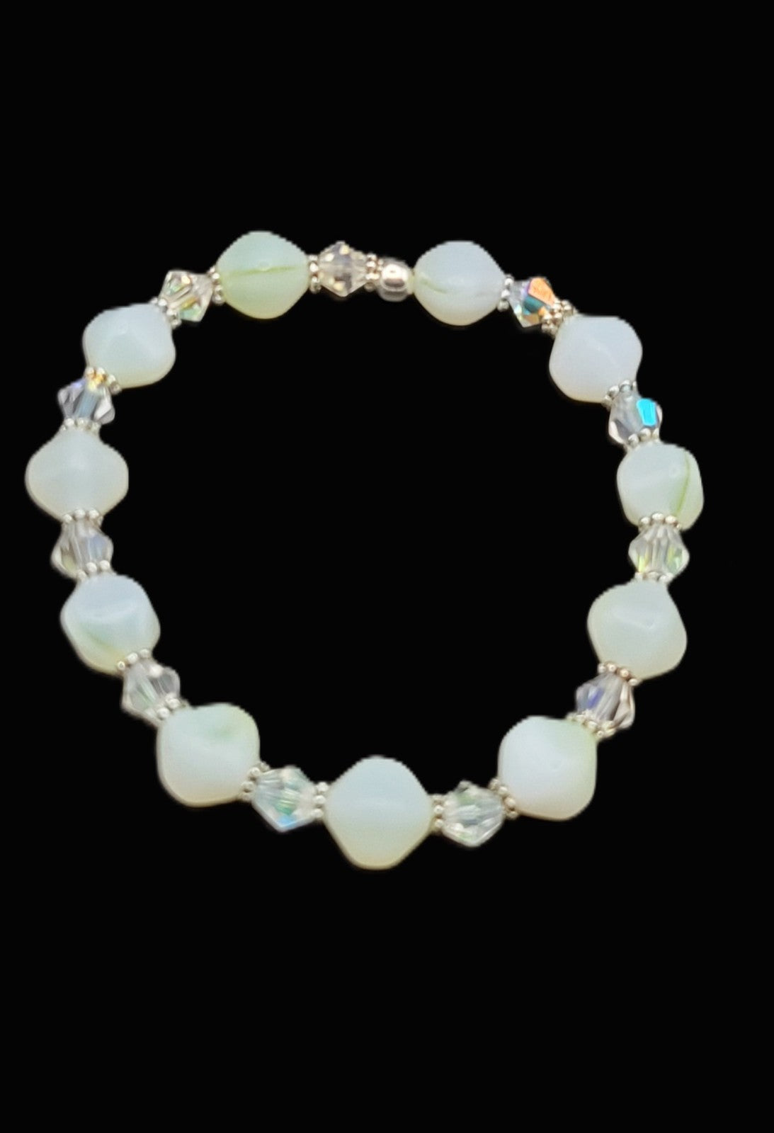 UV Glow Uranium White Glass Czech Beads, Crystals 8" Stretch Bracelet