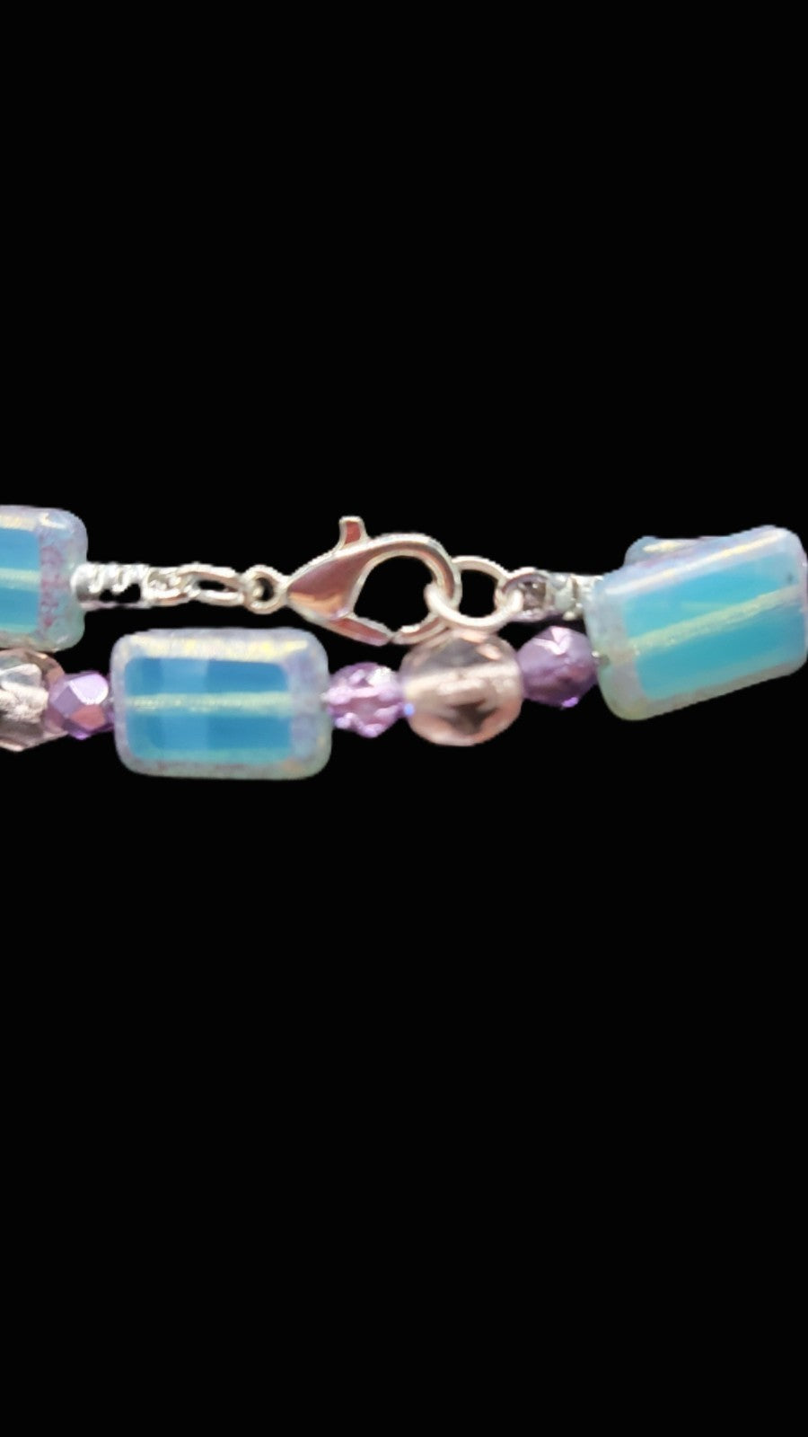 UV Glow Uranium Czech Blue Glass Beads with Amethyst and Pink Glass Spacer 35" Necklace