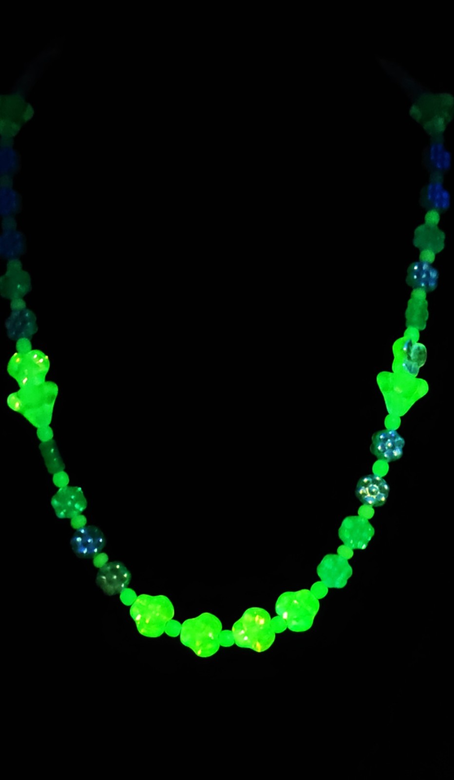 UV Glow Uranium Czech Blue and Yellow Flowers, Glass Bead 17" Necklace with Bead Spacers