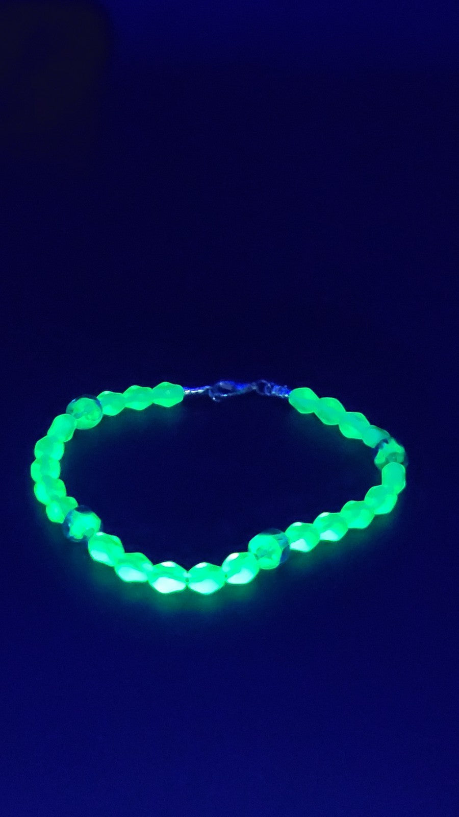 Uranium Beads Czech UV Green and Blue Glass Bead 8" Bracelet on Snake Chain