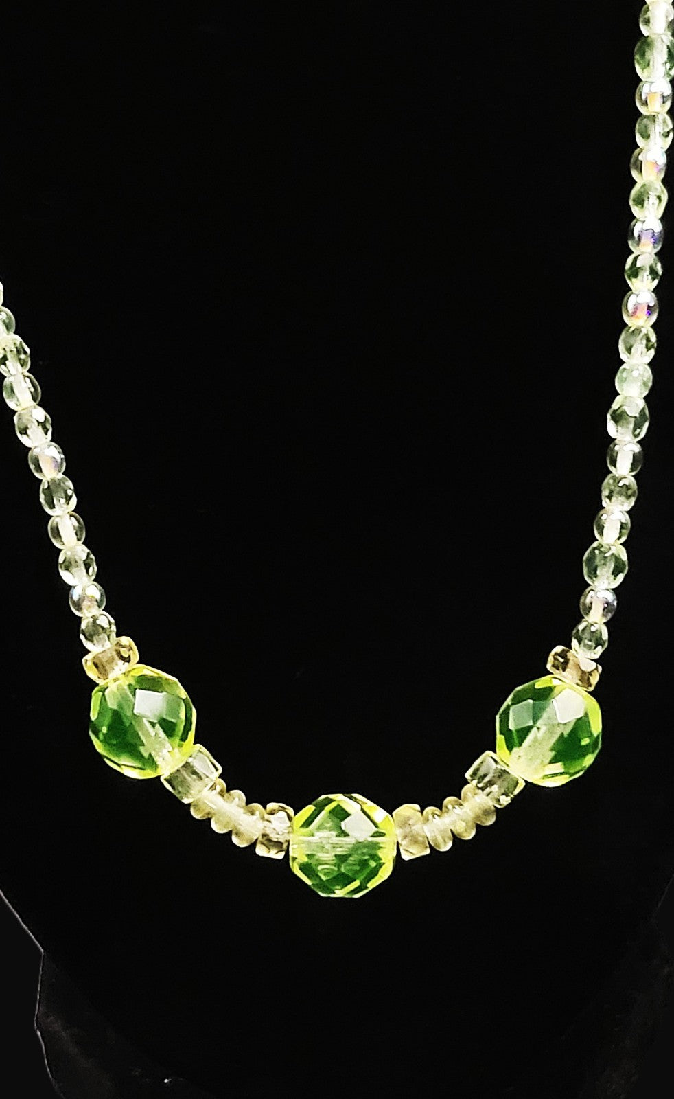 Uranium Czech AB Round and Faceted Glass Beads 18" Sparkly Necklace