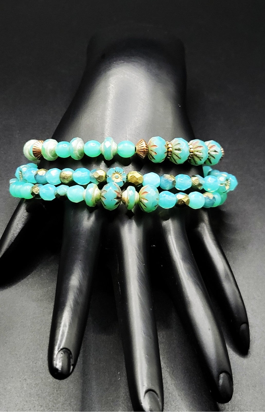 Uranium Blue Czech Glass 8" Three Stretch Bracelet Bundle Glow With This Set!