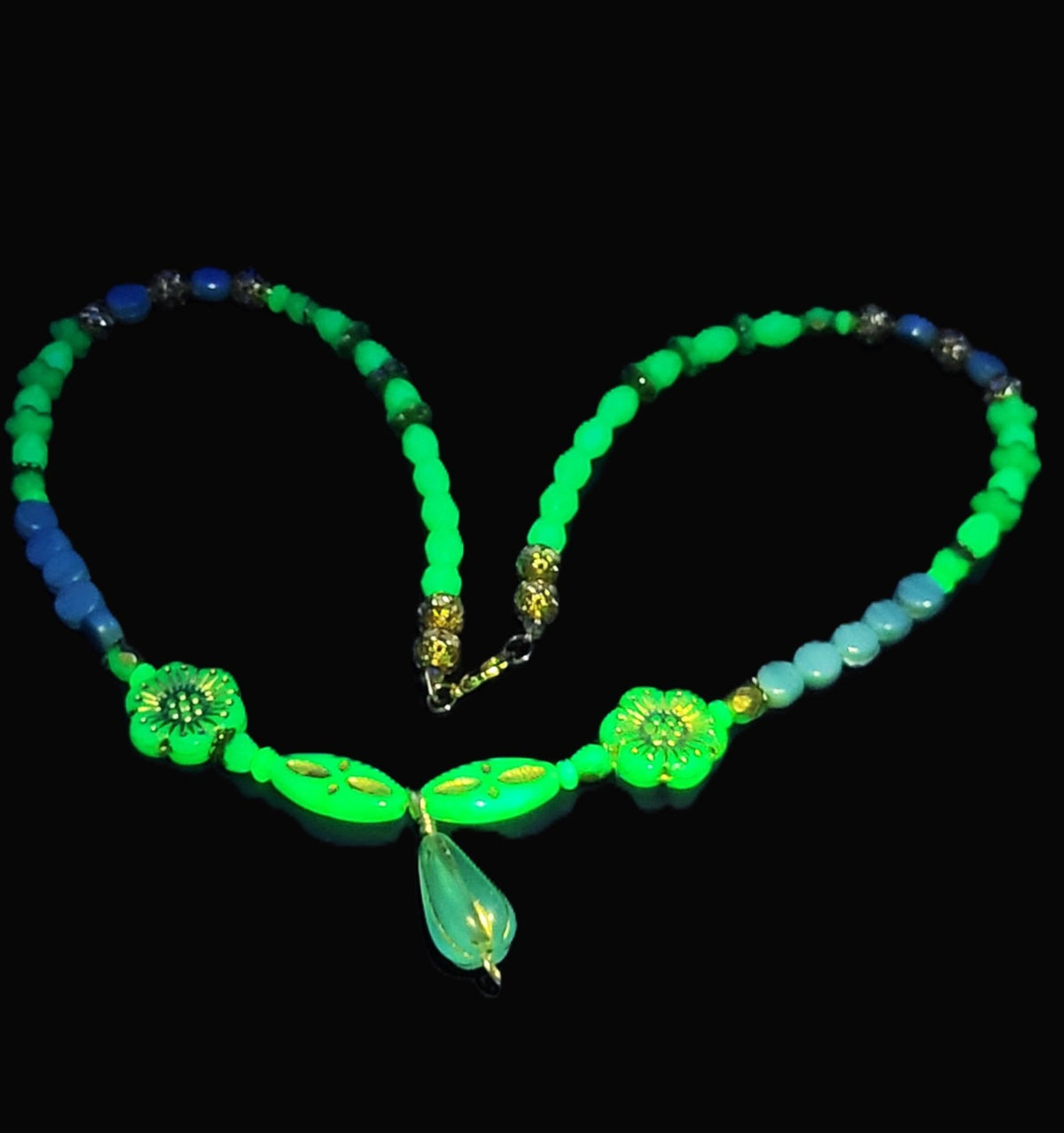 Uranium Czech UV Glass Beads and Genuine Turquoise 21" Necklace/ 1" Pendant