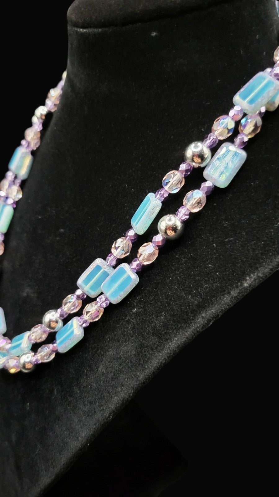 UV Glow Uranium Czech Blue Glass Beads with Amethyst and Pink Glass Spacer 35" Necklace
