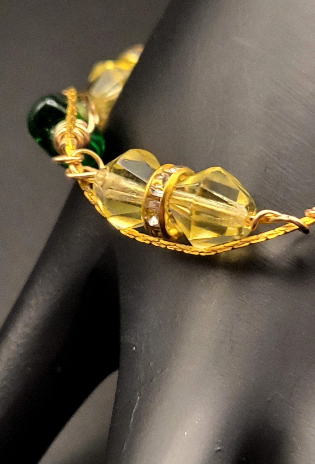 Uranium Czech UV Glow Yellow Glass and Antigue Emerald Green Glass 7.5" Bracelet