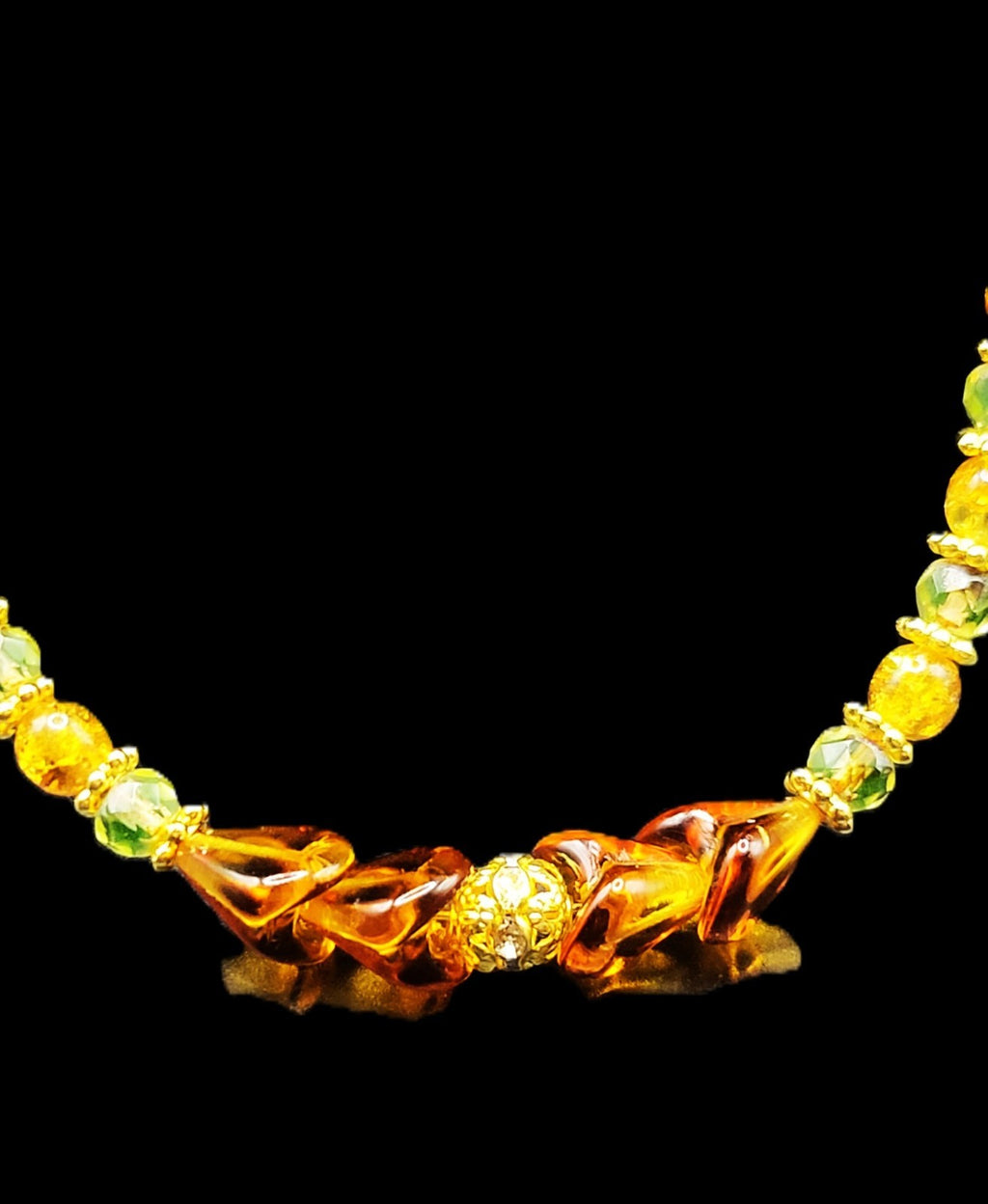UV Glow Uranium Czech Glass Orange Crackle, Amber Colored and Green Beads 24" Fall Necklace with Spacers