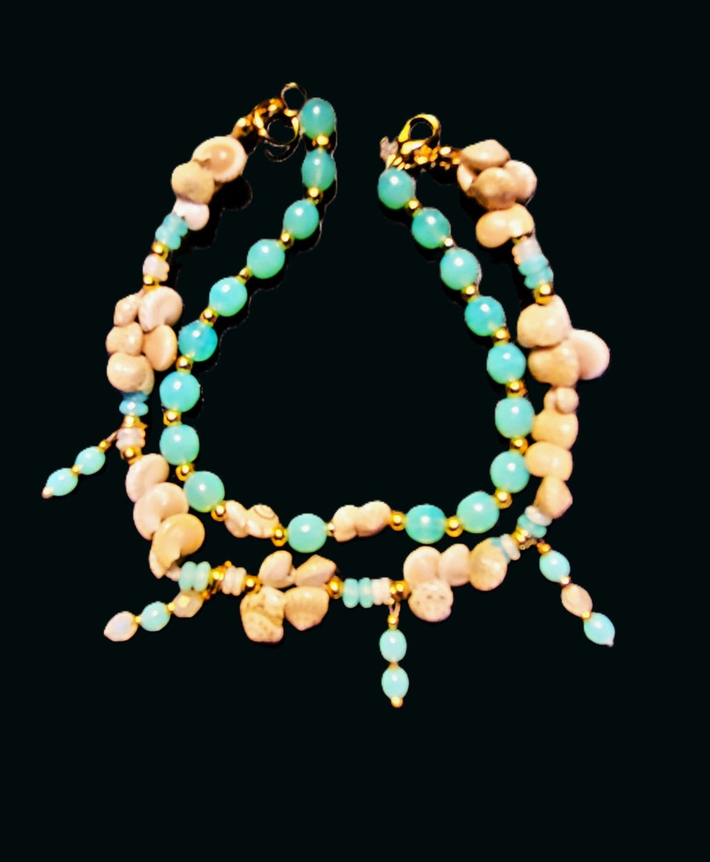 URANIUM DOUBLE STRAND TURQUOISE COLORED GLASS AND TINY SEASHELL 8" BRACELET