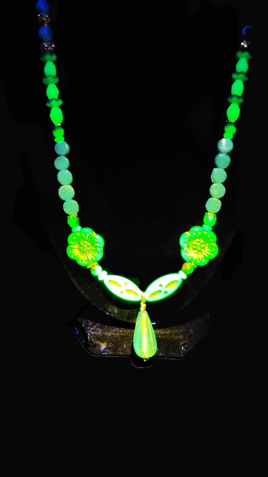 Uranium Czech UV Glass Beads and Genuine Turquoise 21" Necklace/ 1" Pendant