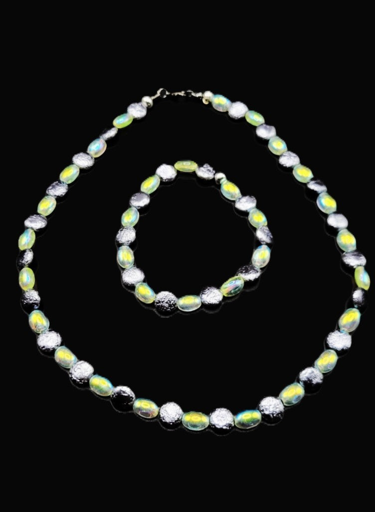 UV Glow Uranium Czech Vaseline Iridescent Glass and Antique Hematite Colored Glass Necklace and Bracelet Set