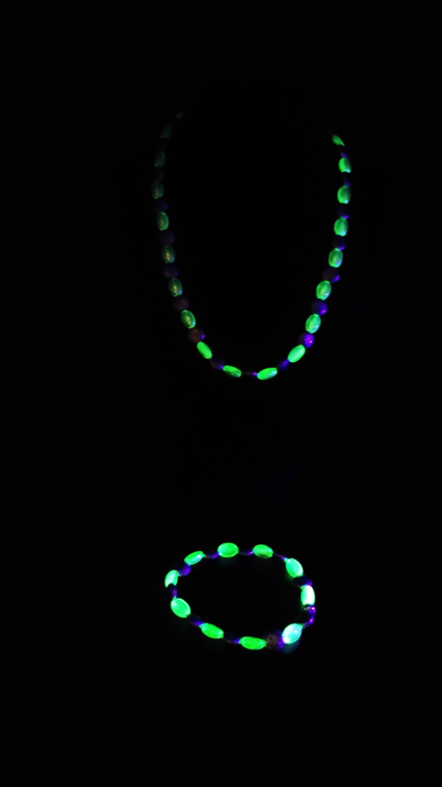 UV Glow Uranium Czech Vaseline Iridescent Glass and Antique Hematite Colored Glass Necklace and Bracelet Set