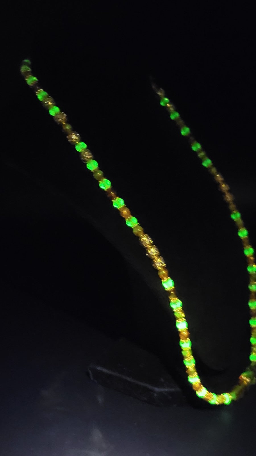UV Glow Uranium Czech Glass Orange Crackle, Amber Colored and Green Beads 24" Fall Necklace with Spacers