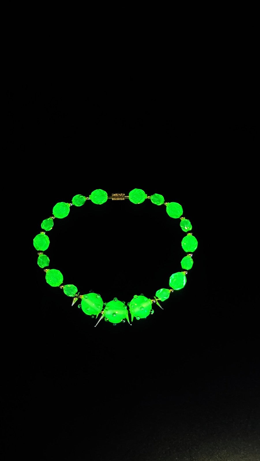 UV Glow Uranium Czech Crystal Glass Beads, "Spike" Lamp-work Beads Fake out Bracelet 8"