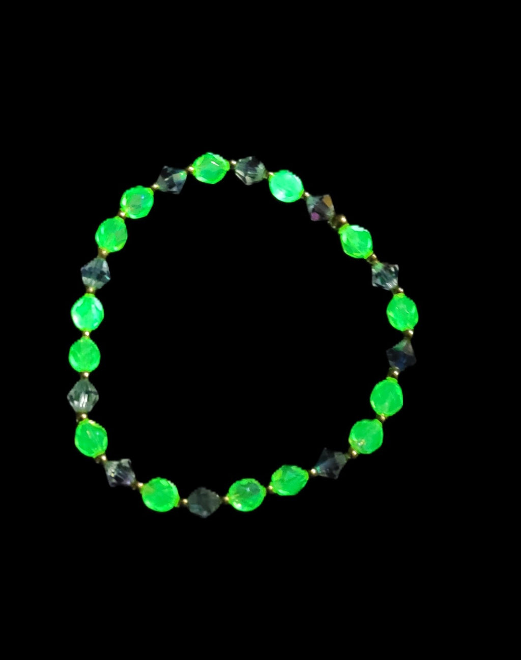 Uranium Glow Czech Glass AB Beads and Crystals Bracelet 8" Stretch with Spacers