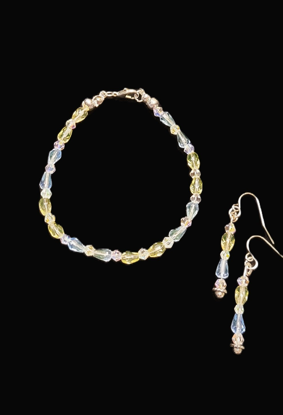 UV Glow Uranium Blue and Green Czech Glass Beads and Crystal 8" Bracelet and Earring Set