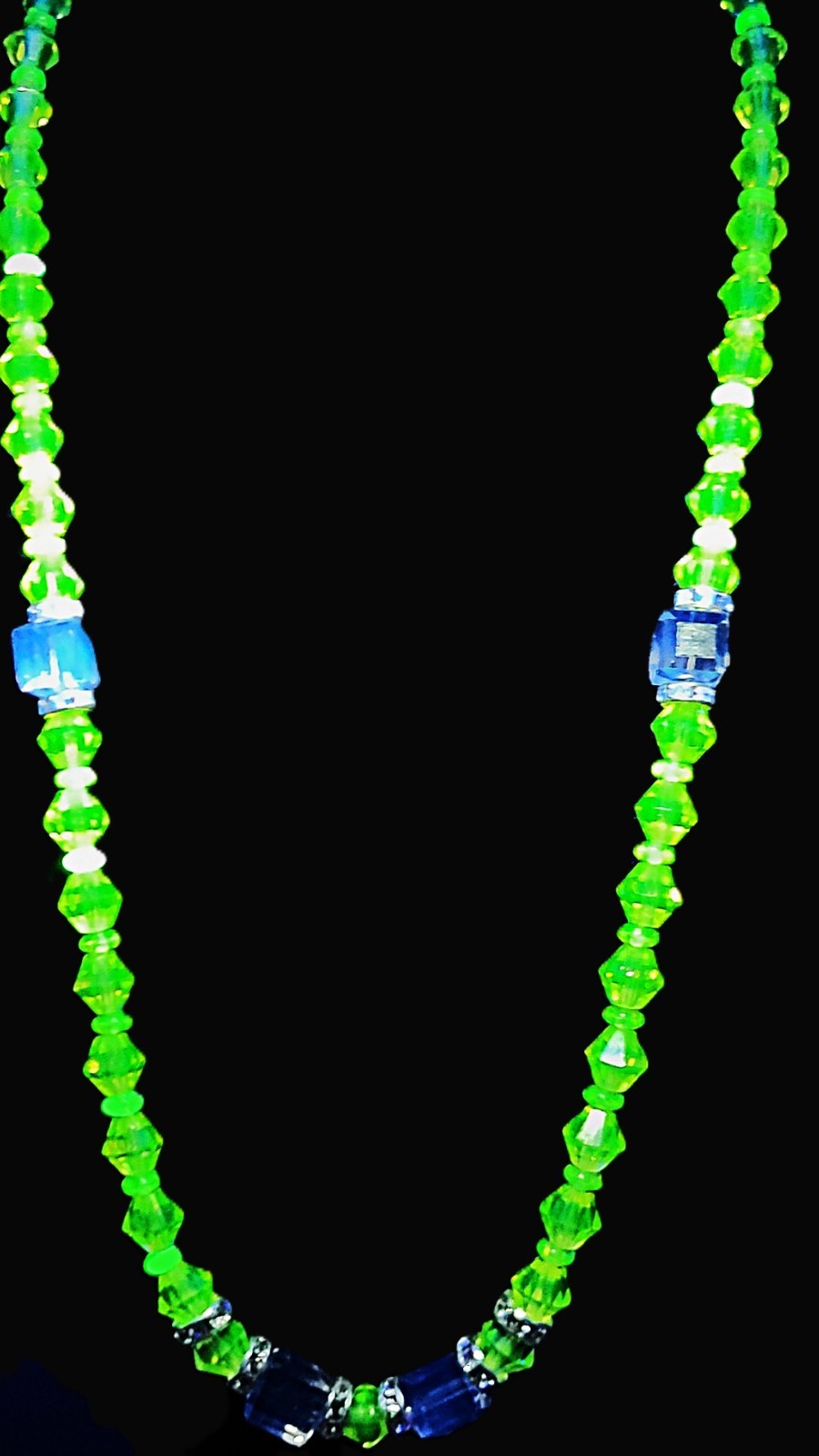 UV Glow Uranium Czech Yellow Crystals Bicone Glass Beads 22" Necklace with Accents