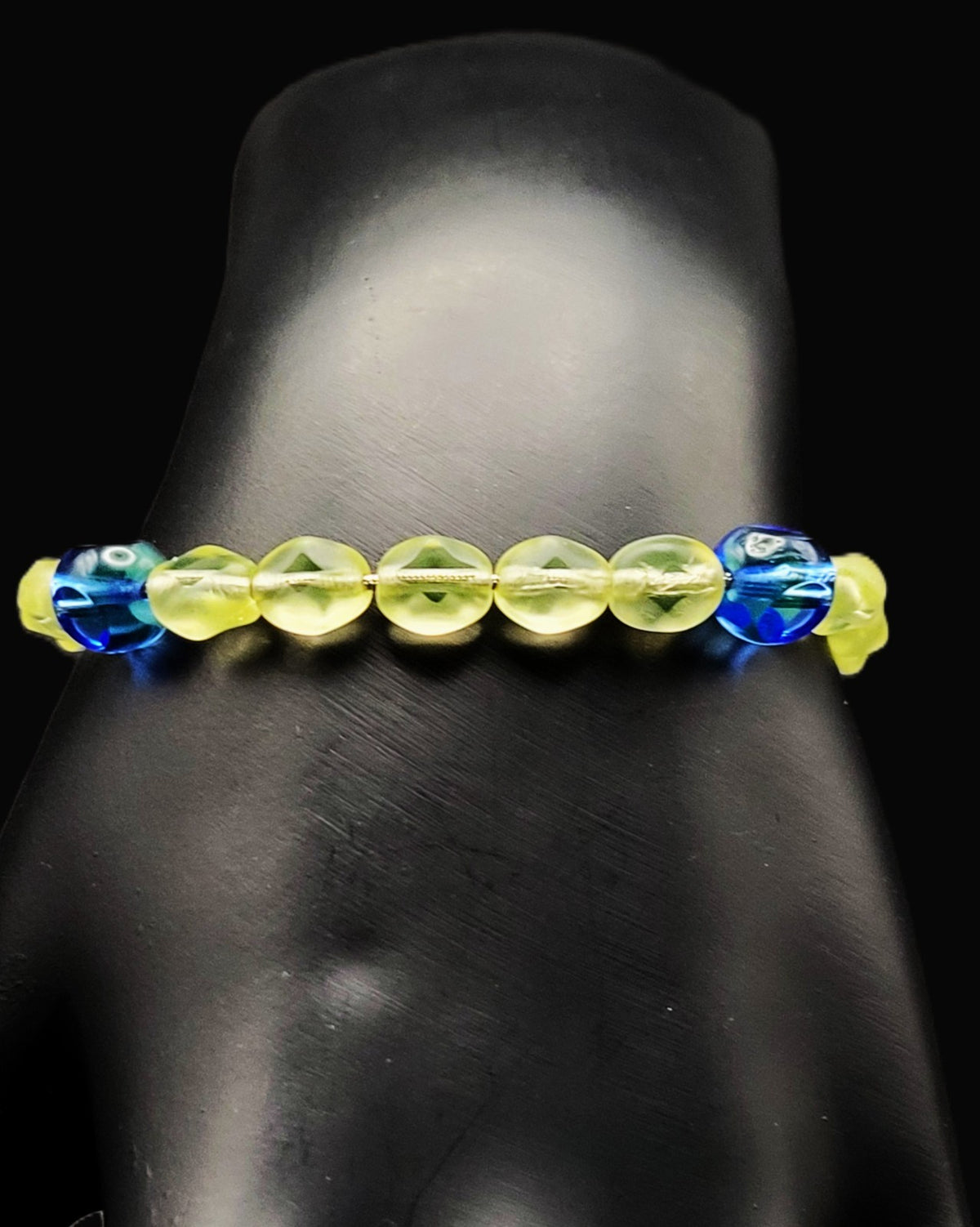 Uranium Beads Czech UV Green and Blue Glass Bead 8" Bracelet on Snake Chain