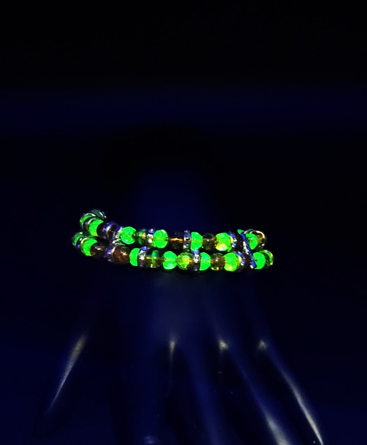 UV Glow Czech Orange Crackle Ball Double Strand 7" Coil Bracelet with Charms
