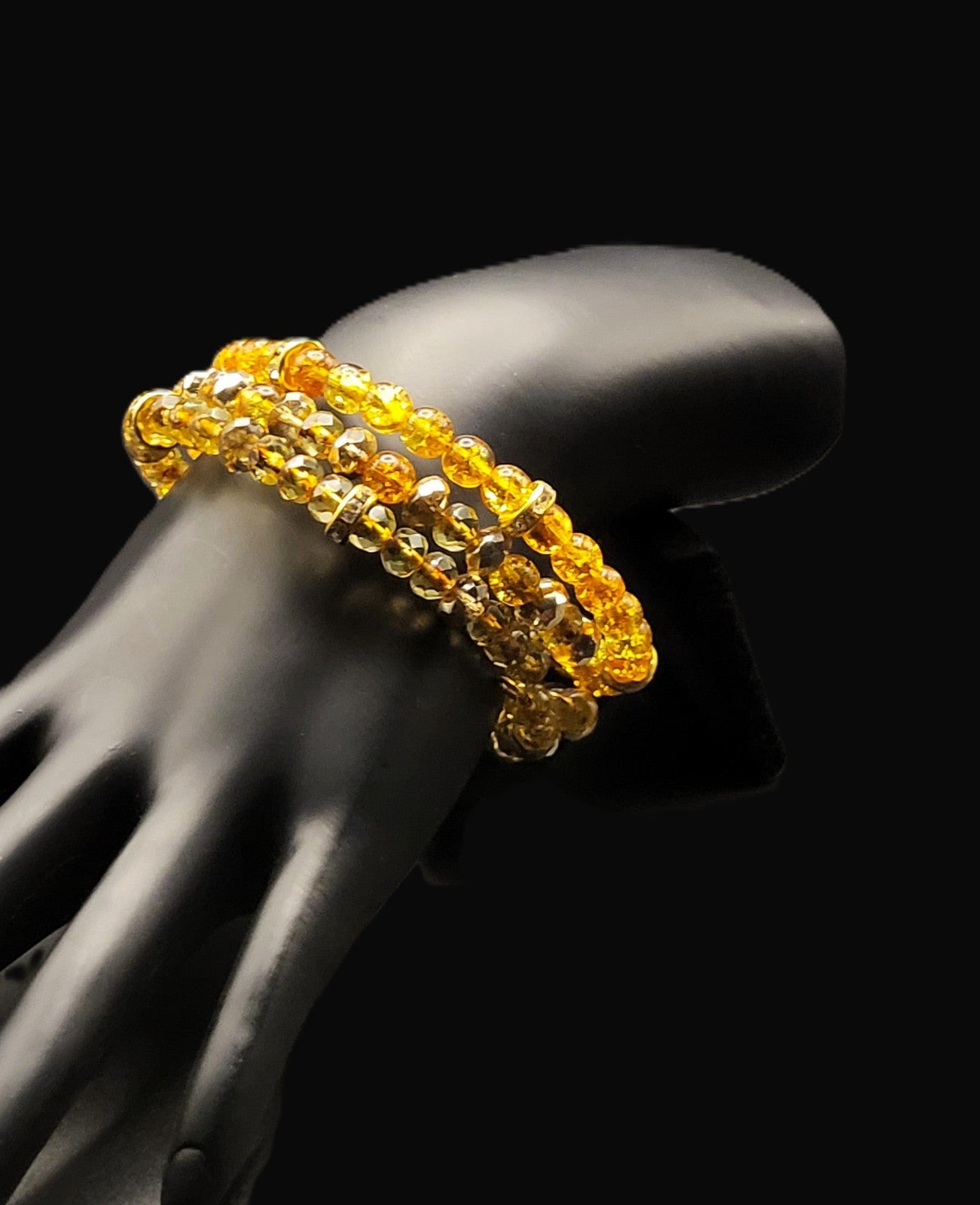 Uranium Czech Orange Glass Crackle Beads Set of 3 Bangles on Gold Tone Memory Wire