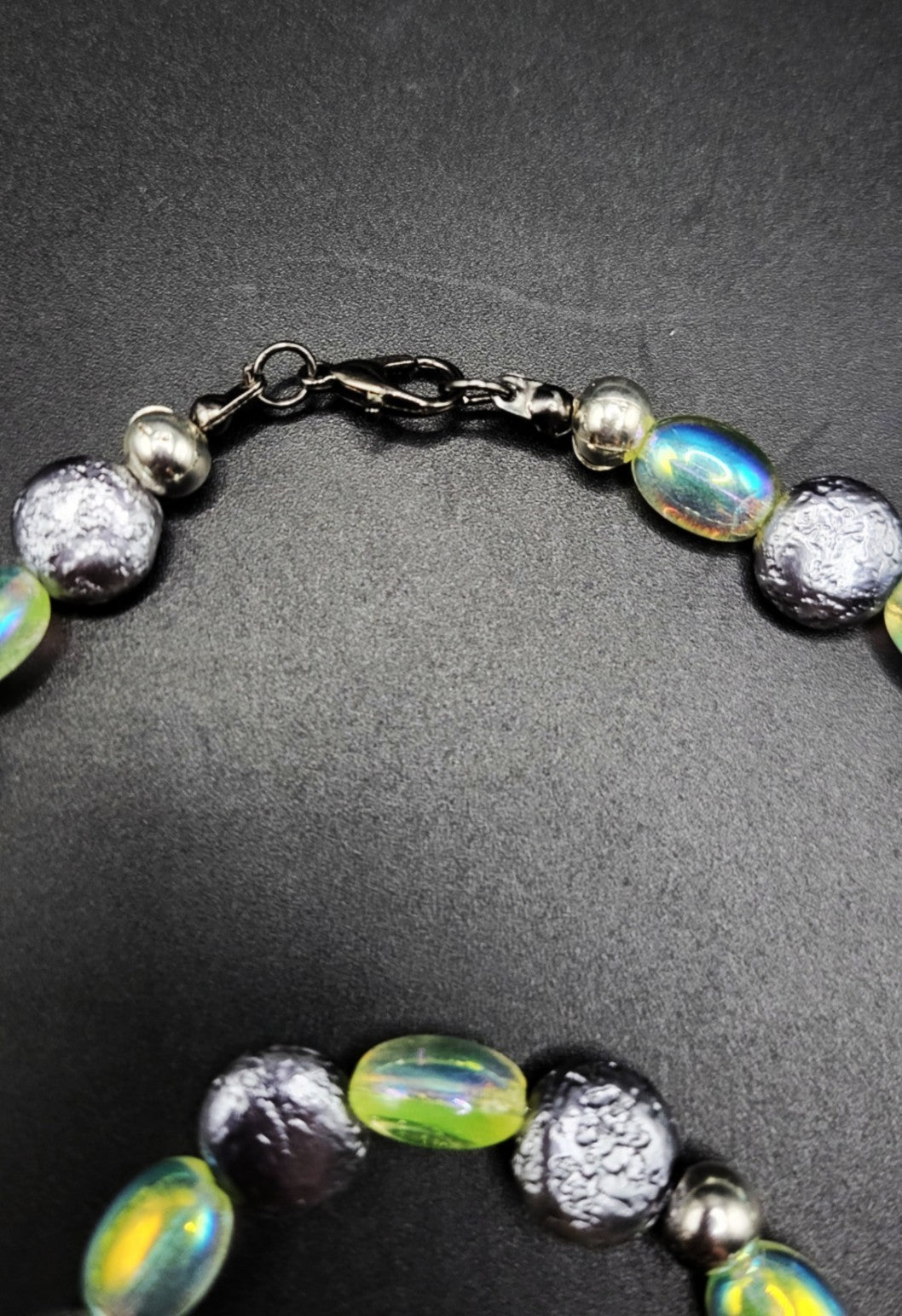 UV Glow Uranium Czech Vaseline Iridescent Glass and Antique Hematite Colored Glass Necklace and Bracelet Set