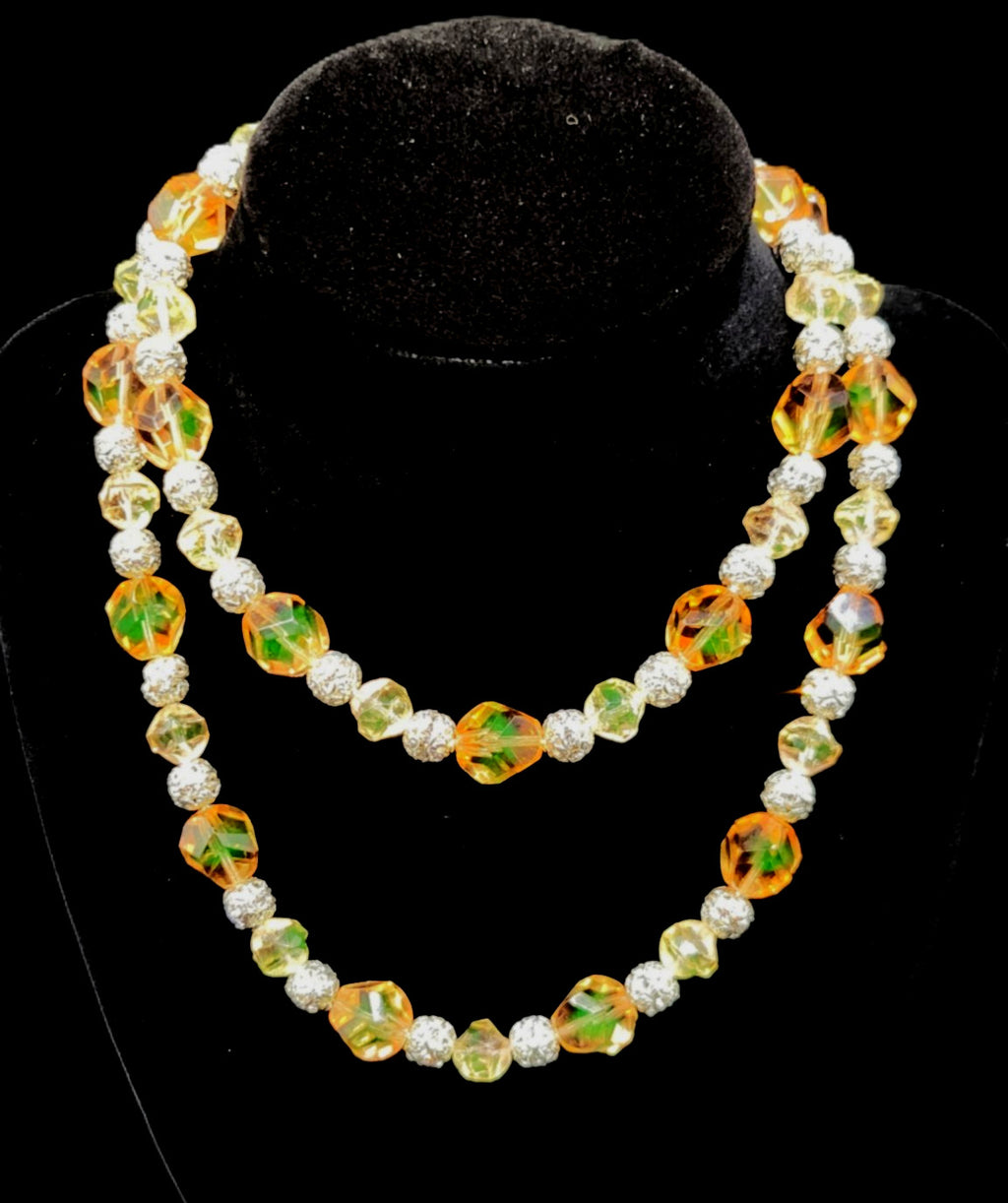 UV Glow! Uranium Czech Glass Peach Bead 28" Necklace with Bling Silver Spacers