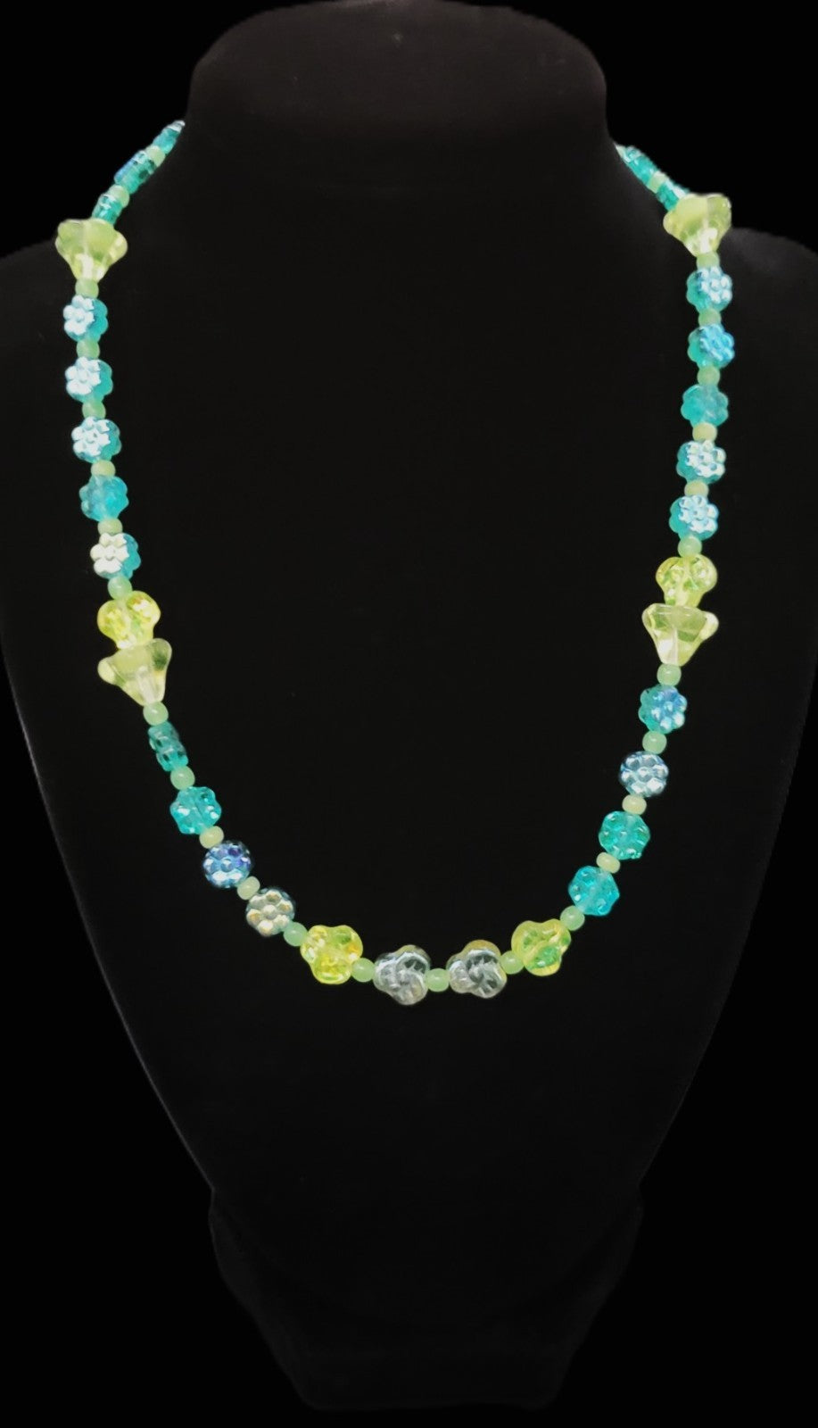 UV Glow Uranium Czech Blue and Yellow Flowers, Glass Bead 17" Necklace with Bead Spacers