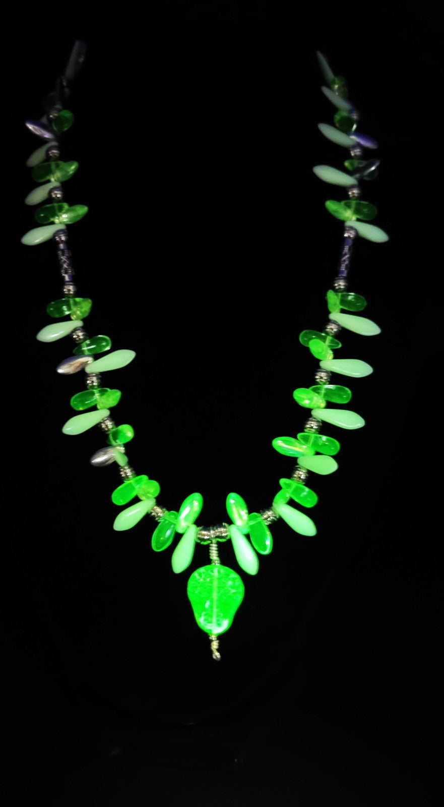 UV Uranium Glow Czech Sugar Skull Pendant, 17" Czech Dagger Uranium beads Necklace