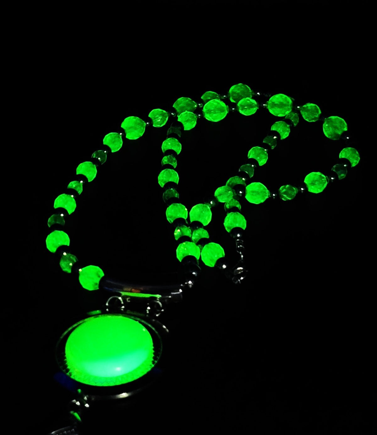 UV Glow Uranium Czech Glass Faceted Beads 26" Necklace/ 3" Opal Uranium Pendant and Lanyard