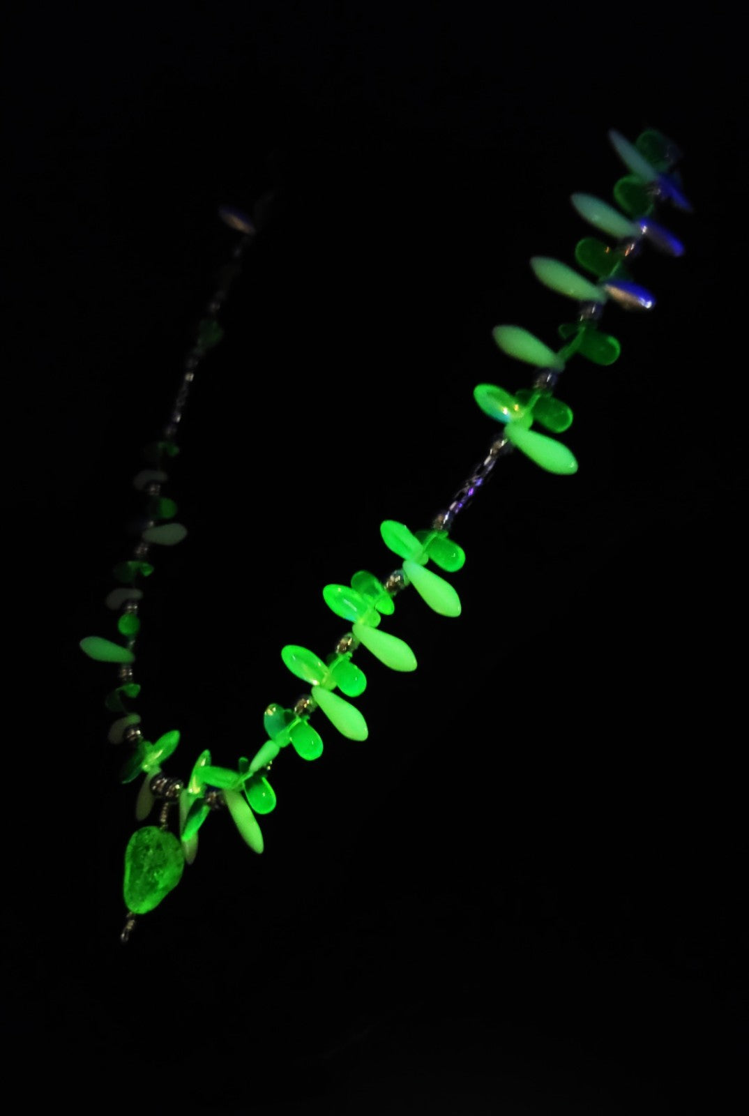 UV Uranium Glow Czech Sugar Skull Pendant, 17" Czech Dagger Uranium beads Necklace