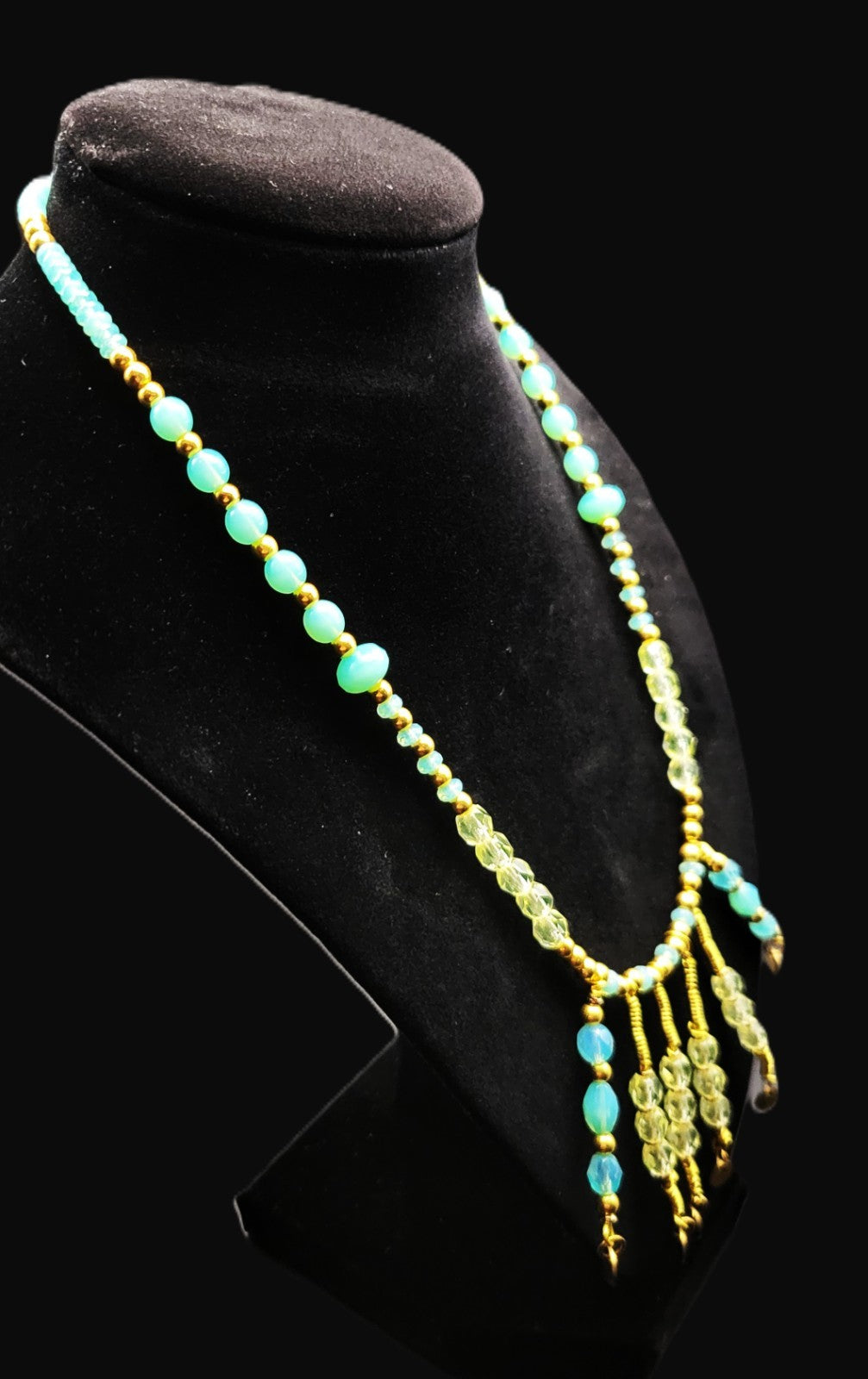 Uranium Turquoise and Green Colored Glass Beads, Hand Wired Dangles 16" Necklace