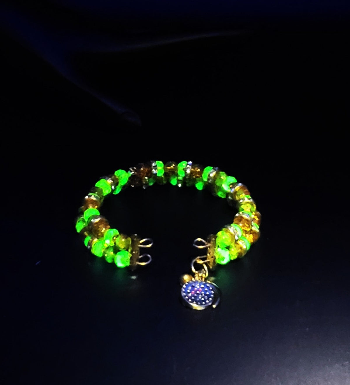 UV Glow Czech Orange Crackle Ball Double Strand 7" Coil Bracelet with Charms
