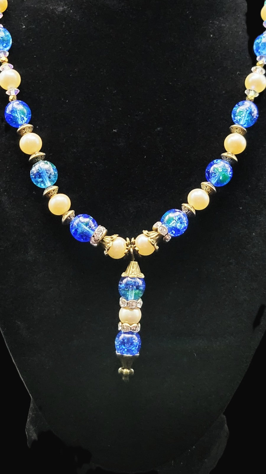 Uranium UV Reactive Czech Blue Glass Beads and Faux Pearls 16" Necklace