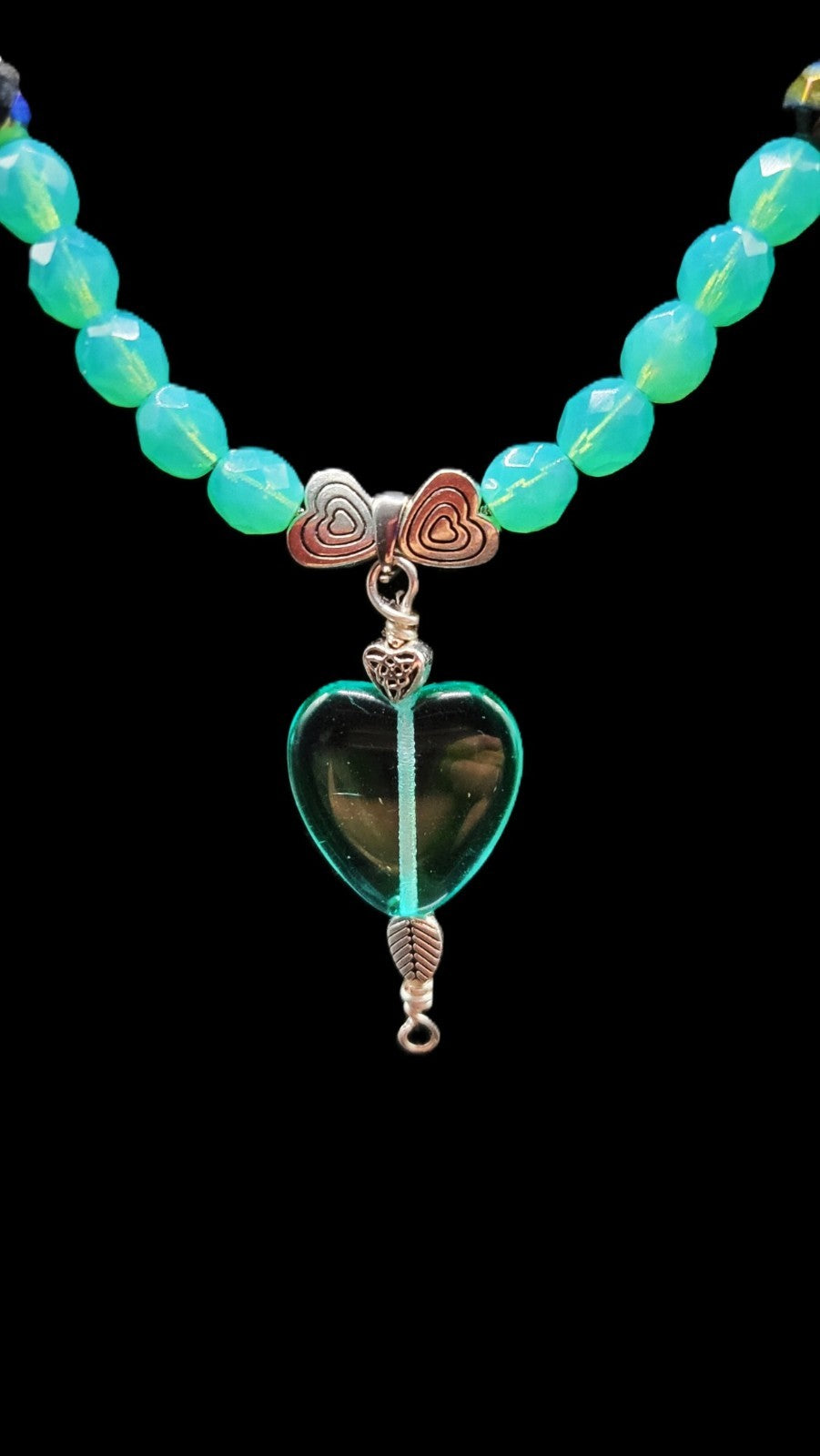 UV Glow Uranium Czech Glass Blue Beads and Black AB Glass 21" Heart Necklace and 2" Pendant