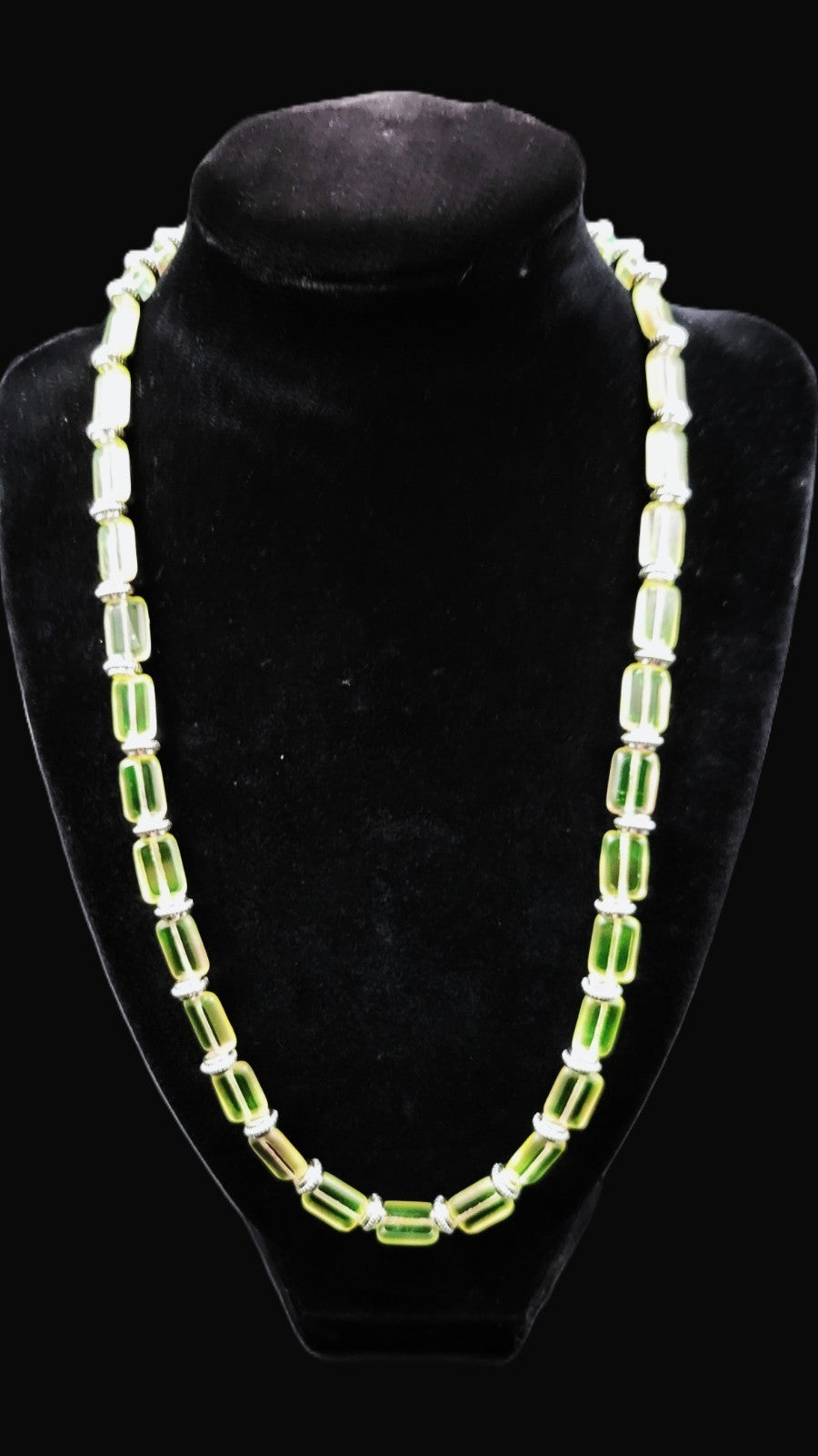 UV Glow Uranium Czech Tile and AB Cubes glass bead  20" Necklace with Silver Tone Spacers