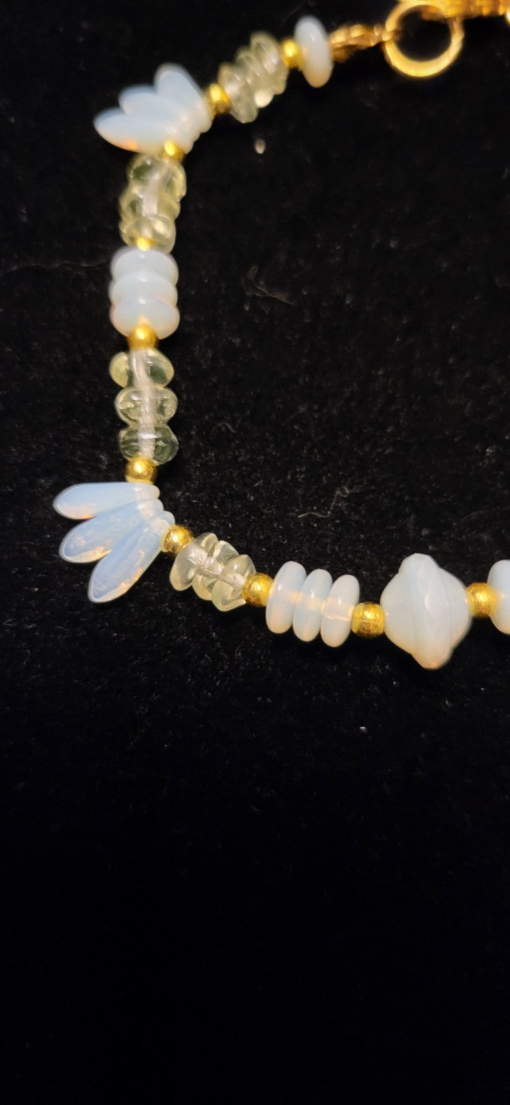 Uranium UV Glow 8" Stretch Bracelet With White and Green Glass Beads, Sun & Moon Charms