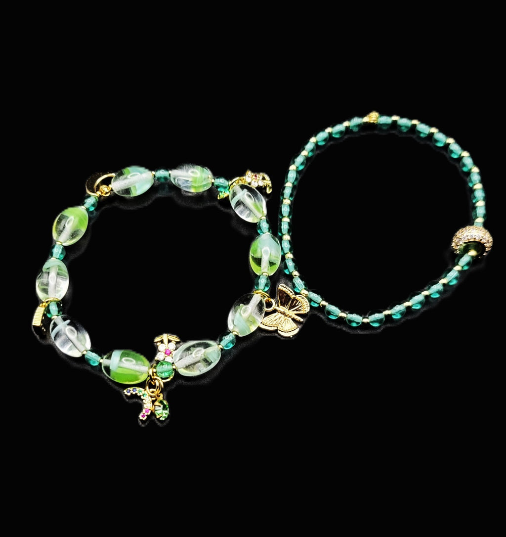 Glow With This! Czech Green and Aqua 2 Stretch Bracelet Set with Charms 7"