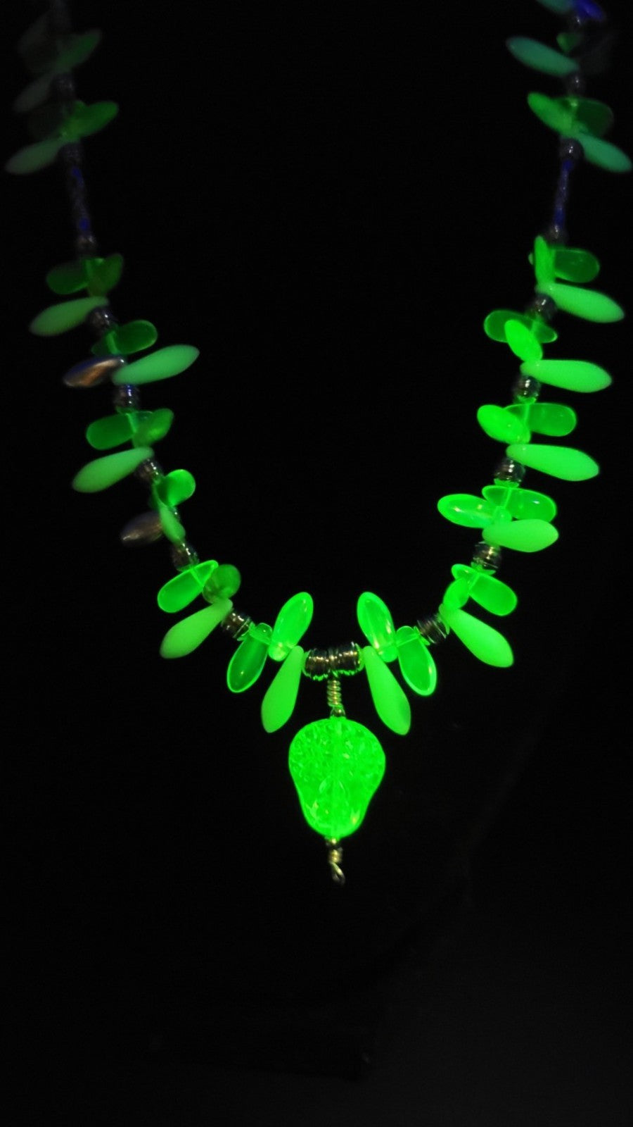 UV Uranium Glow Czech Sugar Skull Pendant, 17" Czech Dagger Uranium beads Necklace