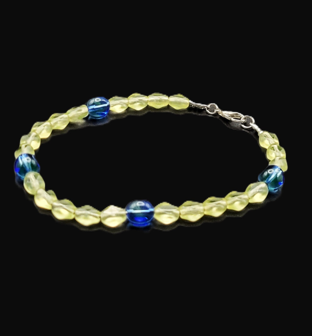 Uranium Beads Czech UV Green and Blue Glass Bead 8" Bracelet on Snake Chain