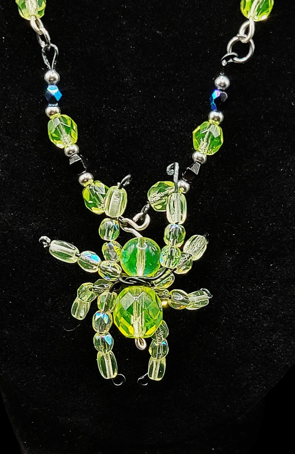 UV Glow Uranium Glass Bead Spider Necklace Silver Tone,  Hand Wired 16" Necklace